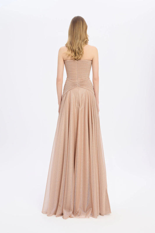 STRAPLEZ YAKA SİMLİ UZUN ABİYE ELBİSE 9167C