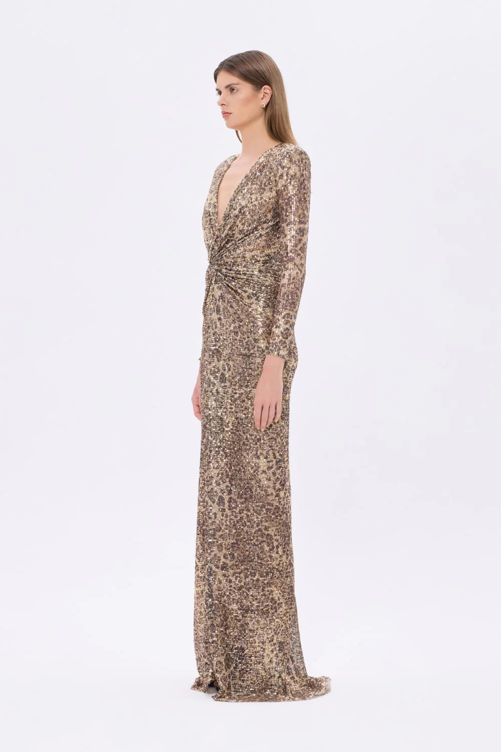 LEOPAR DESENLİ PAYET V YAKA UZUN ABİYE ELBİSE - 9333C