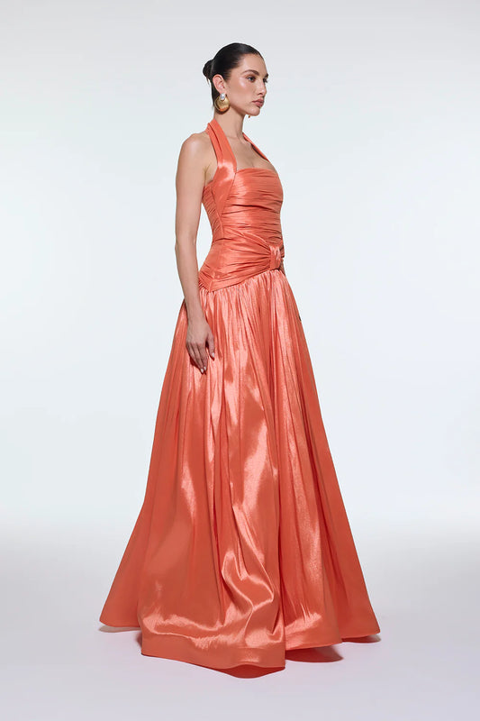 BOYUNDAN ASKILI DRAPELİ TAFTA UZUN ABİYE ELBİSE - 9280C