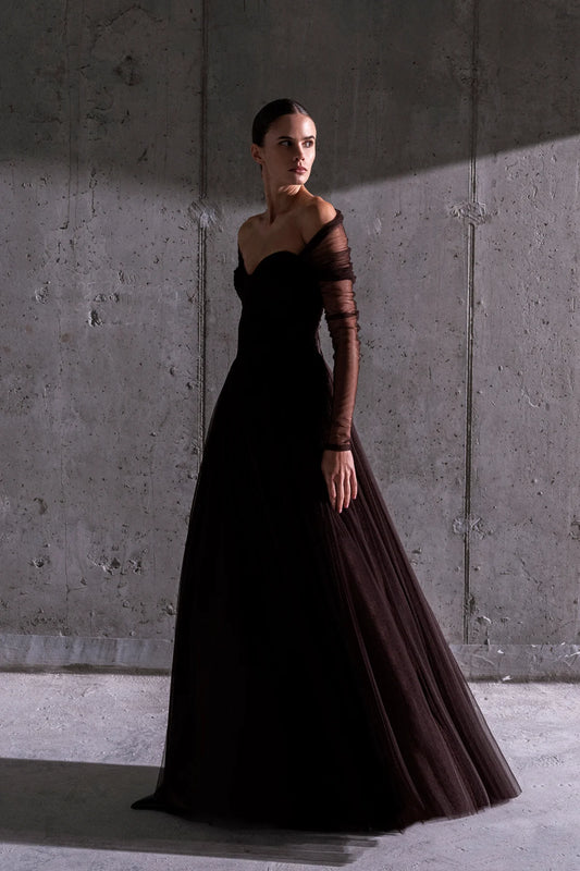 TRANSPARAN TÜL KOLLU STRAPLEZ UZUN ABİYE 2220S