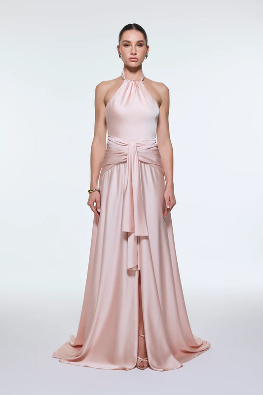 BOYUNDAN ASKILI BEL DRAPE DETAYLI UZUN ABİYE ELBİSE - 9253C