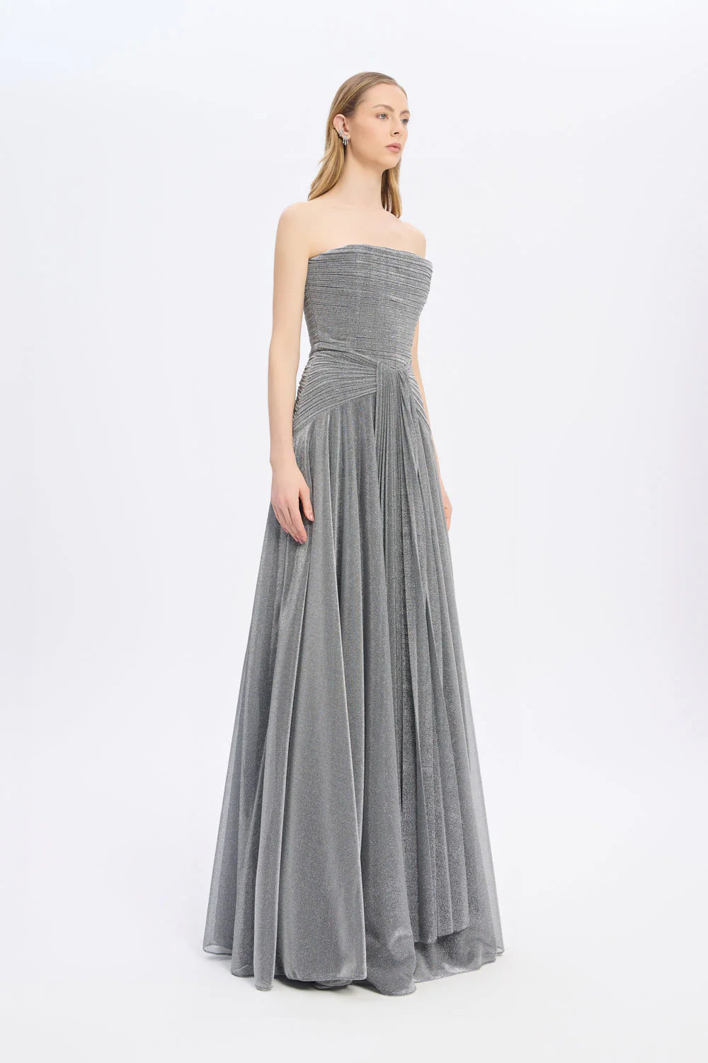 STRAPLEZ YAKA SİMLİ UZUN ABİYE ELBİSE - 9167C