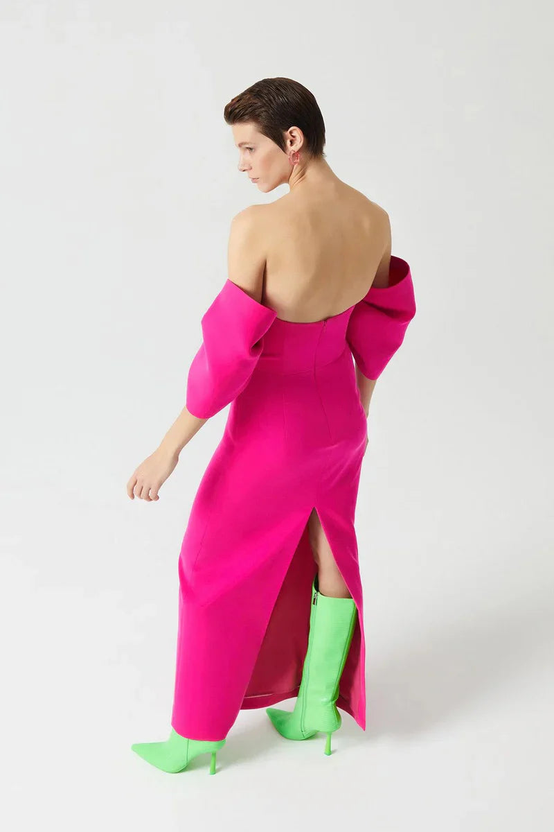 STRAPLEZ DÜŞÜK BALON KOLLU UZUN ELBİSE 1044