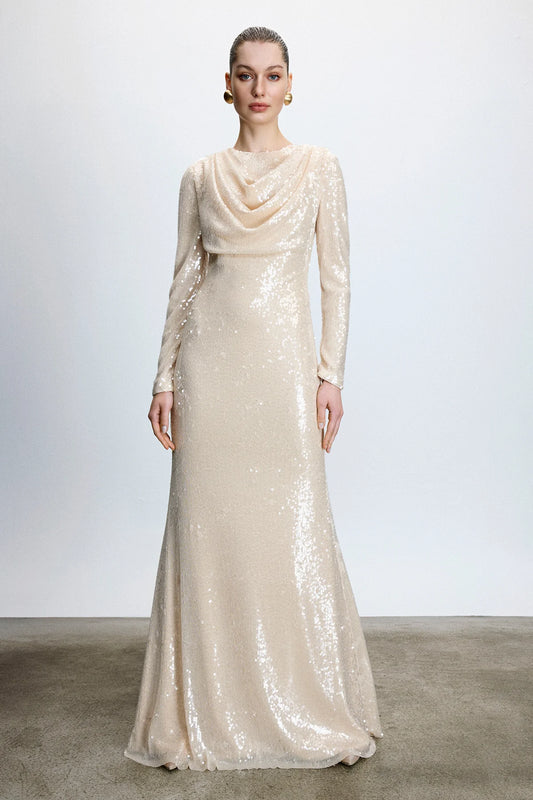 DRAPE DETAYLI PUL PAYETLİ ABİYE ELBİSE