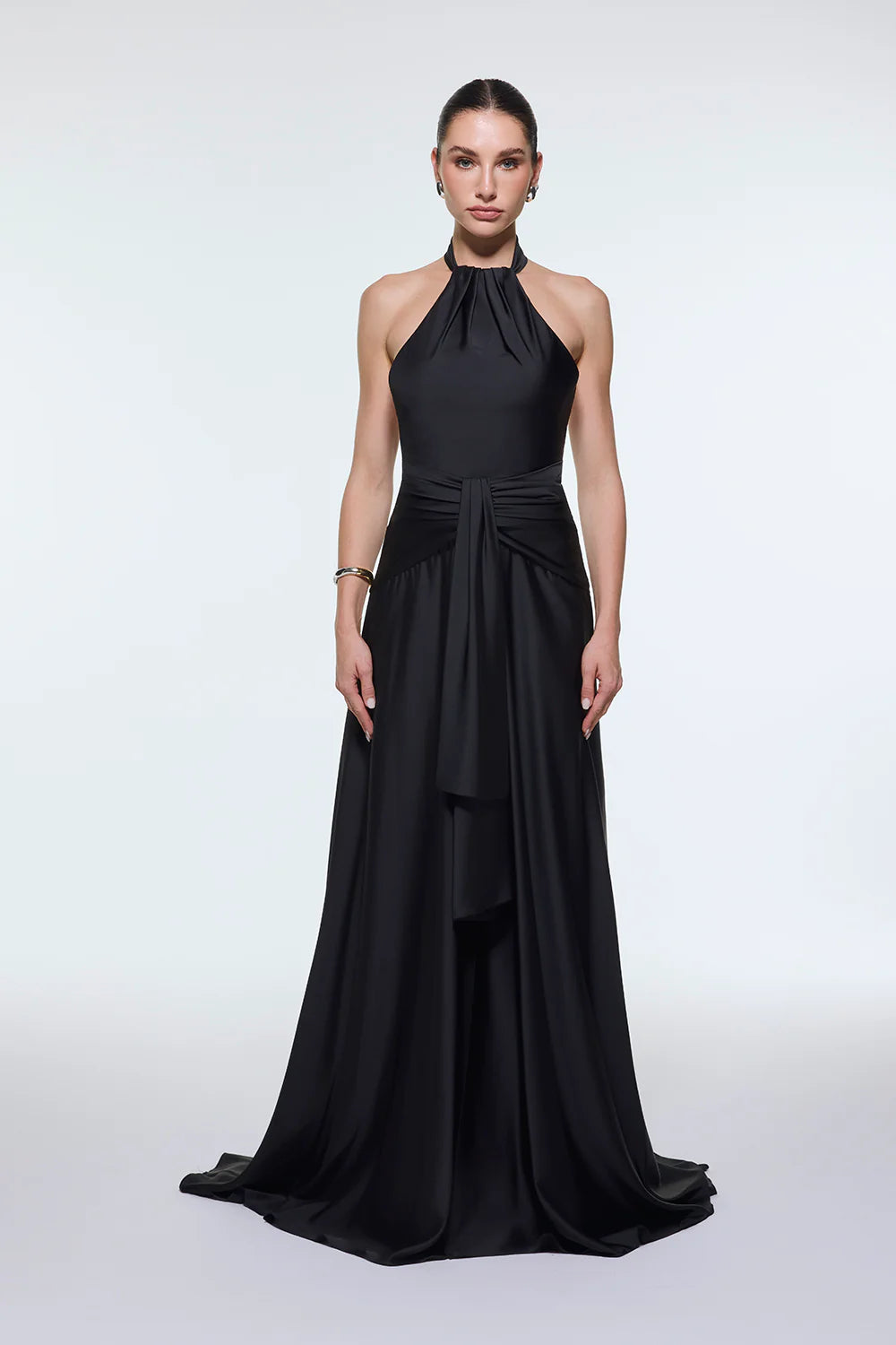 BOYUNDAN ASKILI BEL DRAPE DETAYLI UZUN ABİYE ELBİSE - 9253C