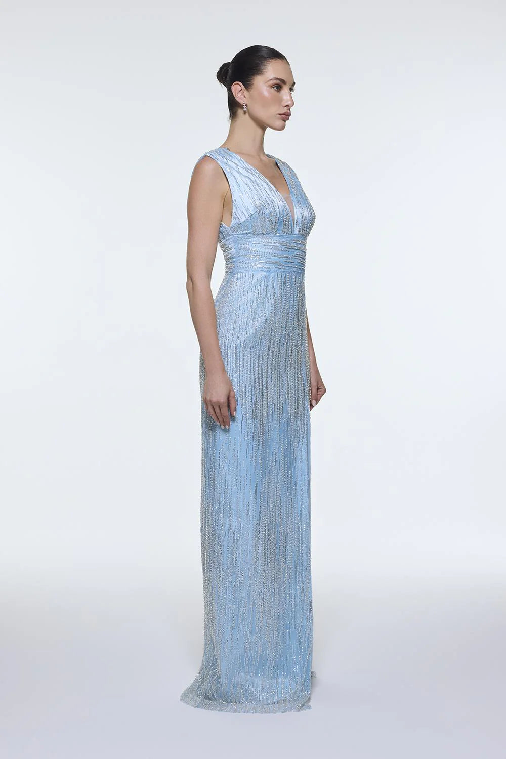 V YAKALI KOLSUZ TAŞ İŞLEMELİ ABİYE ELBİSE - 9349C