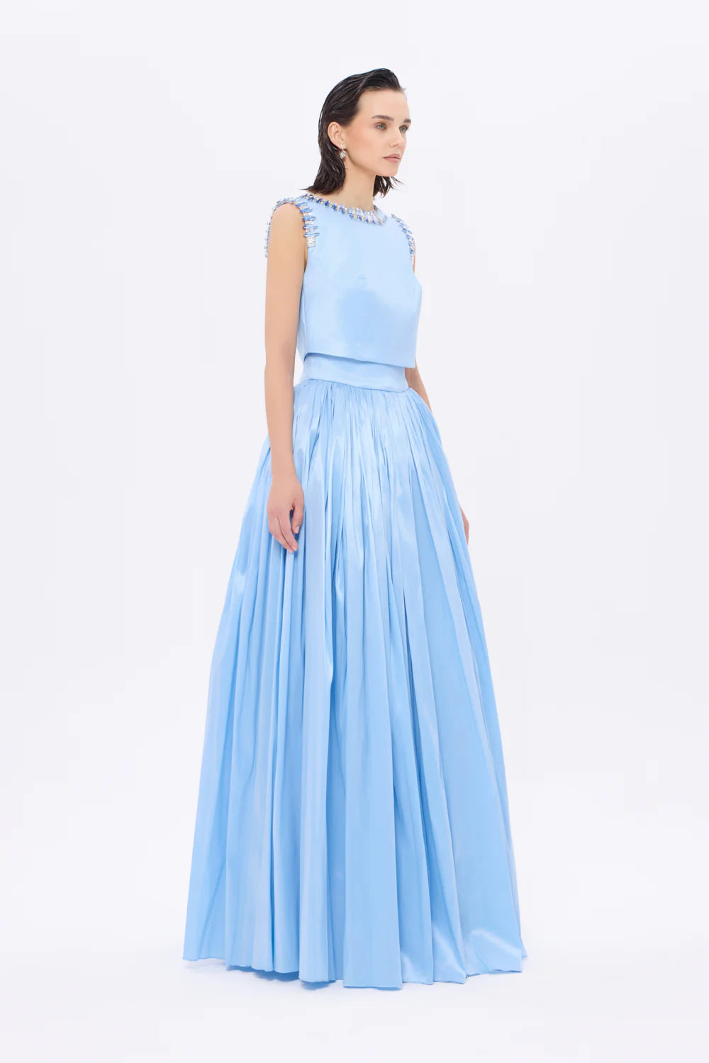 TAŞ İŞLEME DETAYLI TAFTA UZUN ABİYE ELBİSE - 9131C