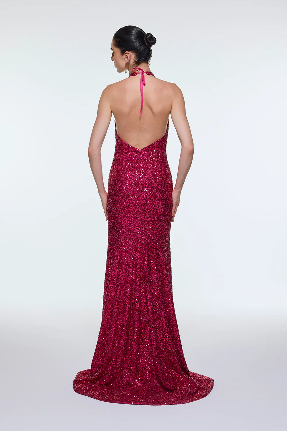 BOYUNDAN ASKILI ÇİÇEK DETAYLI PAYET UZUN ABİYE ELBİSE - 9348C