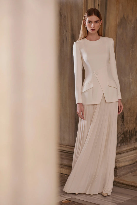 Uzun Kollu Asimetrik Detaylı Pileli Abiye Elbise 2111