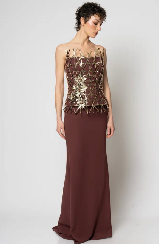 Büstiyeri çapraz örgü deri biyeli krep etekli ikili abiye takım 2285