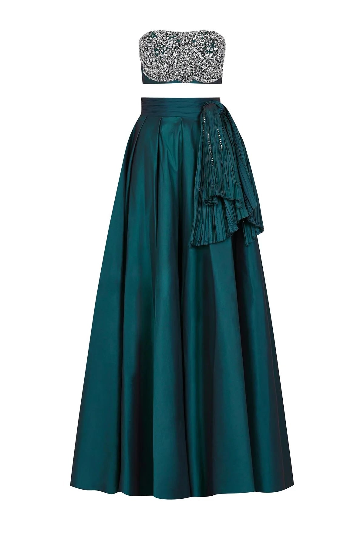 Straplez Taş İşlemeli Crop Yüksek Bel Etek Takım