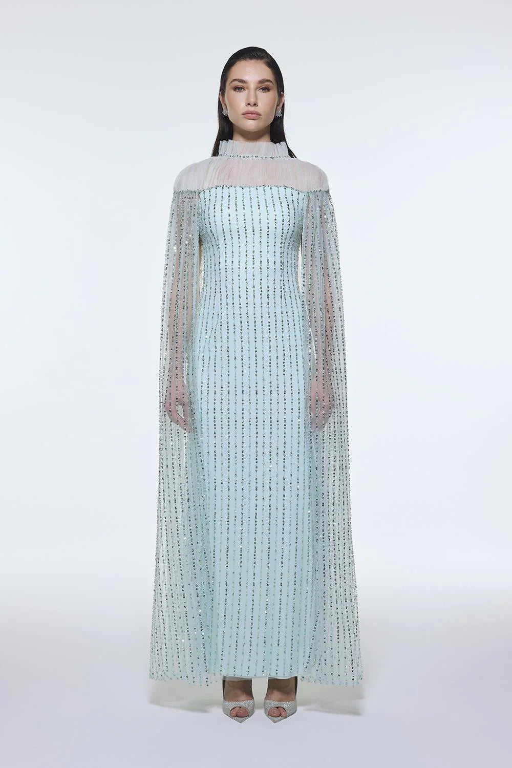 DİK YAKA TAŞ İŞLEMELİ TÜL UZUN ABİYE ELBİSE - 9400C