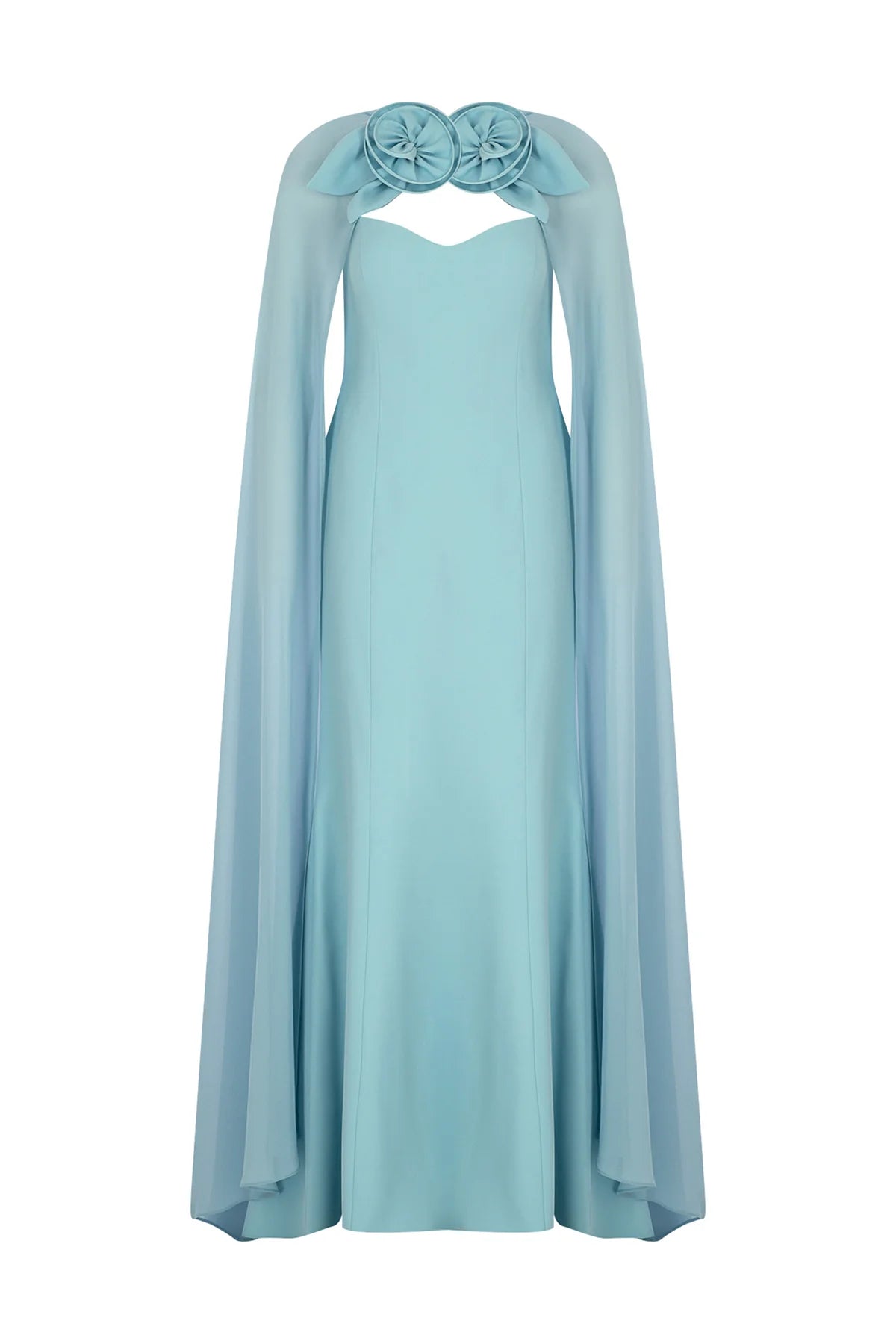 GÜL DETAYLI TÜL PELERİNLİ STRAPLEZ UZUN ABİYE ELBİSE 2258