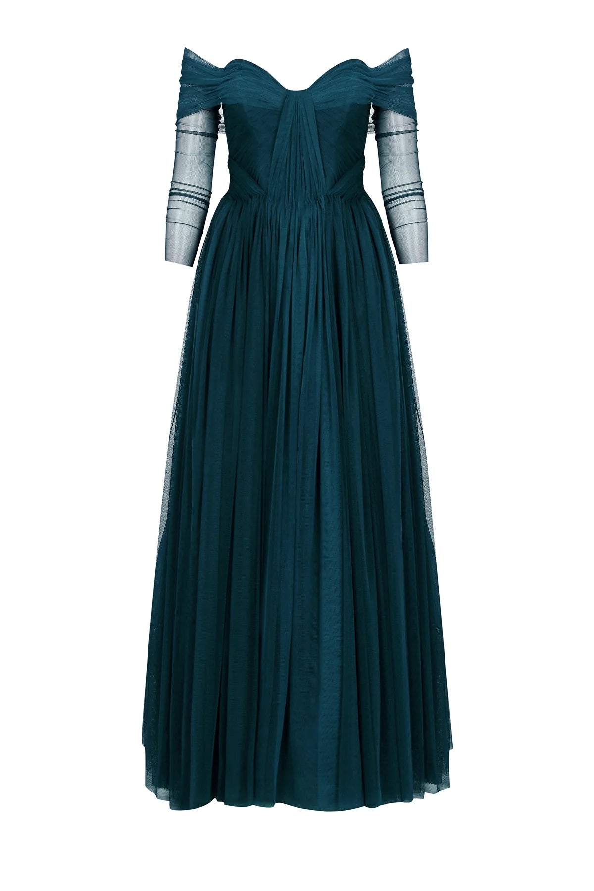 TRANSPARAN TÜL KOLLU STRAPLEZ UZUN ABİYE 2220S