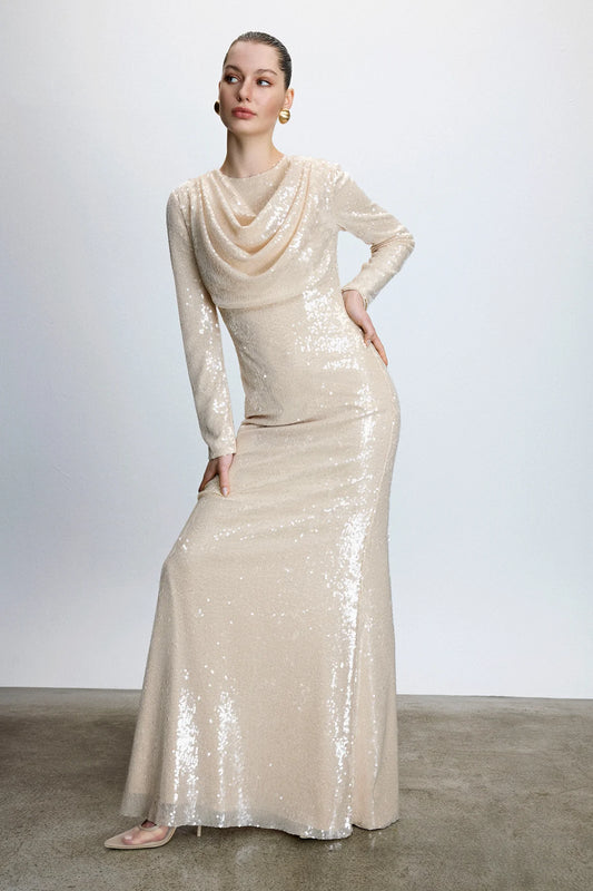 DRAPE DETAYLI PUL PAYETLİ ABİYE ELBİSE2253