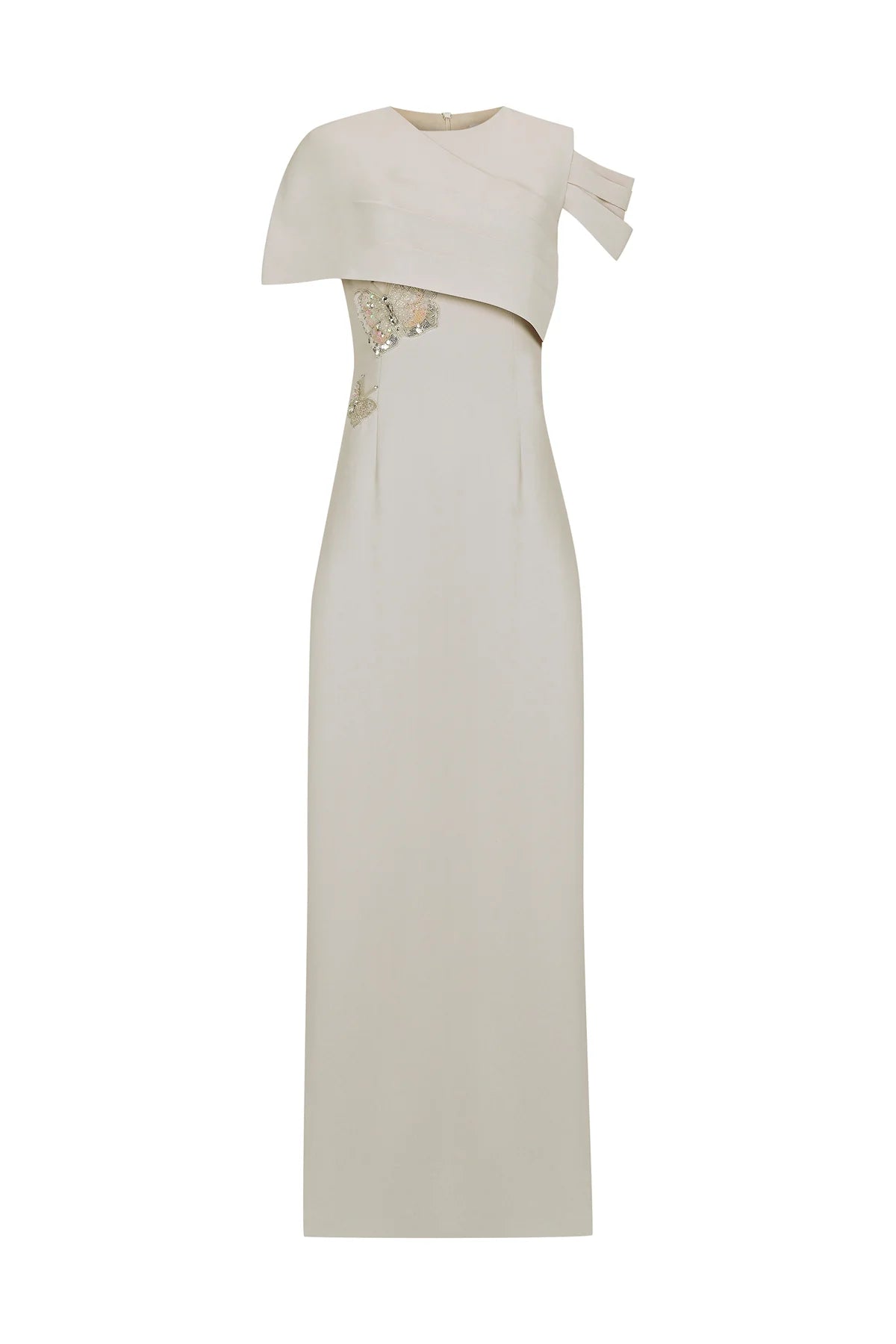 ASİMETRİK DRAPELİ BELİ İŞLEMELİ UZUN ABİYE ELBİSE