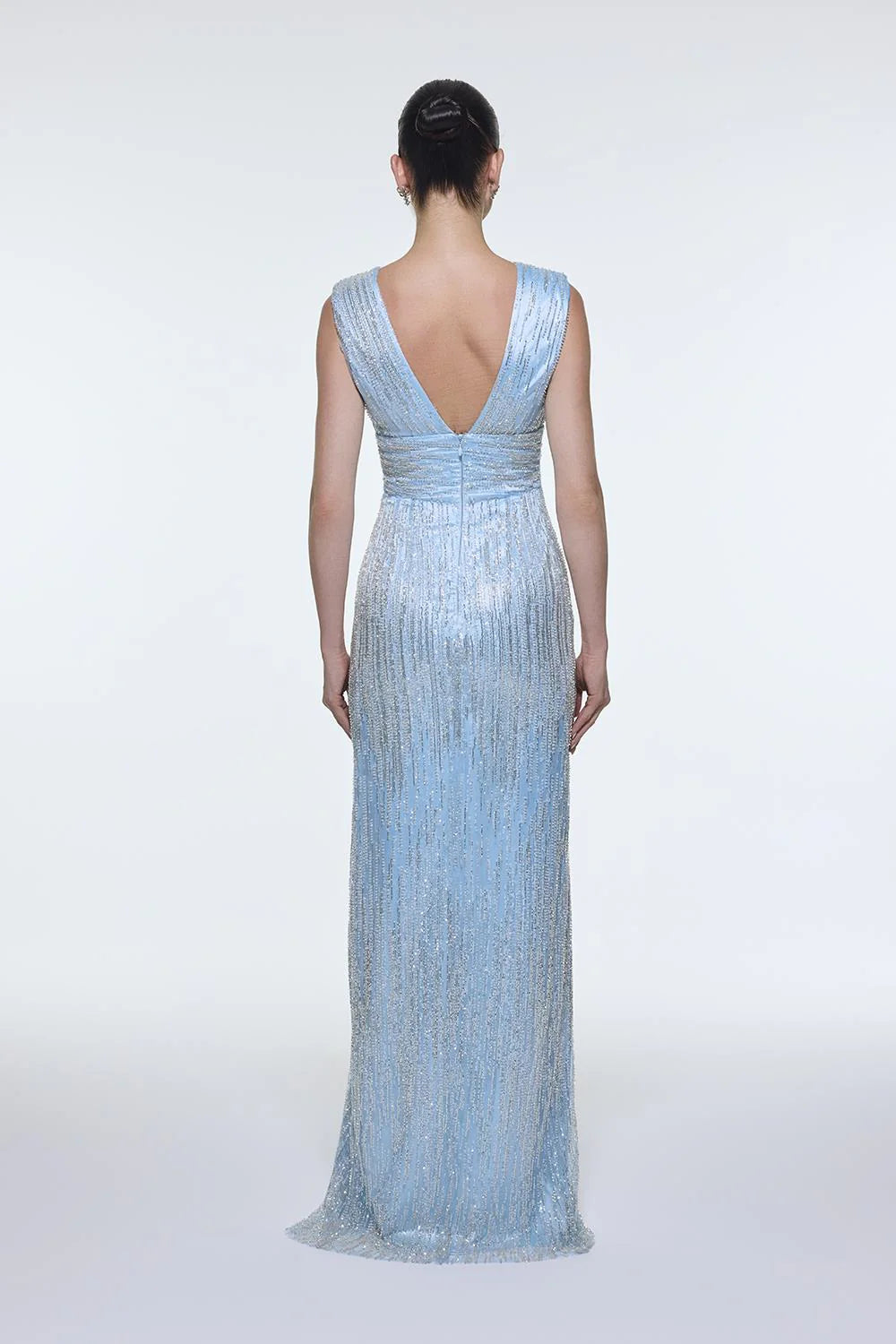 V YAKALI KOLSUZ TAŞ İŞLEMELİ ABİYE ELBİSE - 9349C