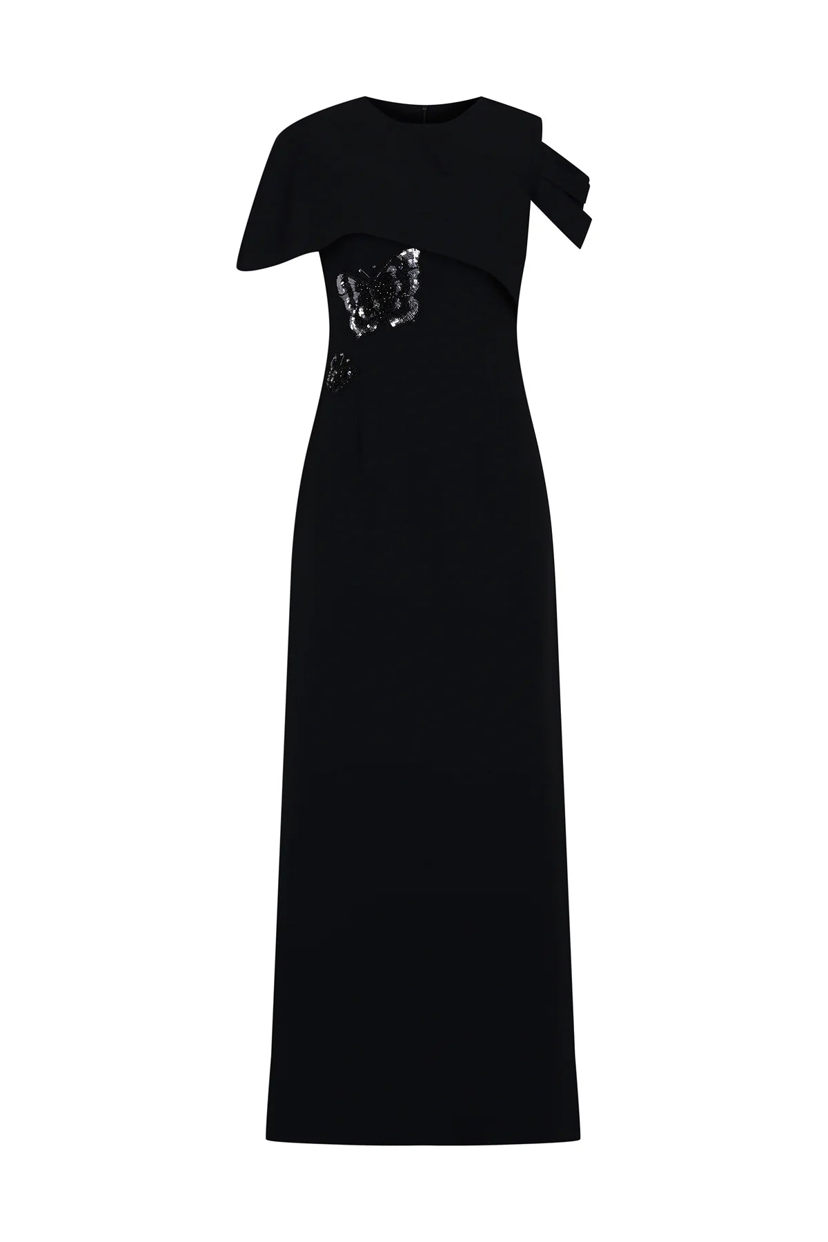 ASİMETRİK DRAPELİ BELİ İŞLEMELİ UZUN ABİYE ELBİSE