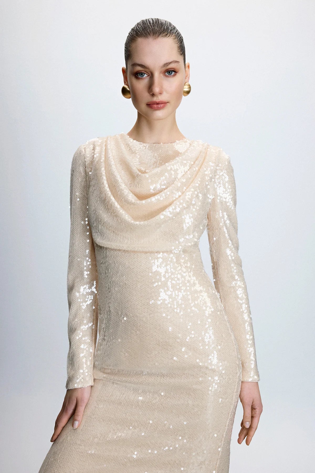 DRAPE DETAYLI PUL PAYETLİ ABİYE ELBİSE2253