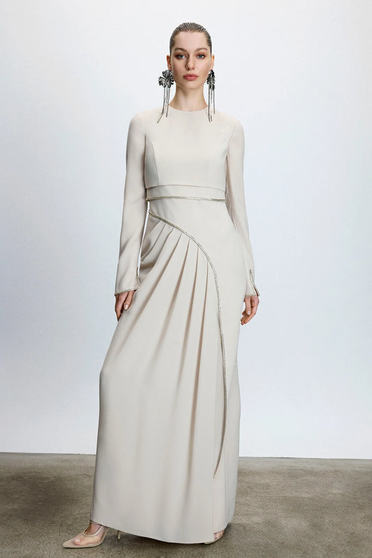 ASİMETRİK DRAPELİ TAŞ İŞLEMELİ SATEN UZUN ABİYE ELBİSE 9105