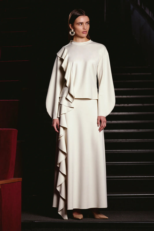 VOLANLI YÜKSEK YAKA BLUZ ETEK TAKIM 2036