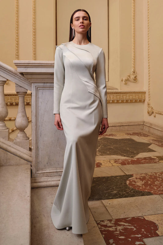 ASİMETRİK DRAPELİ UZUN KOLLU ABİYE ELBİSE 2038