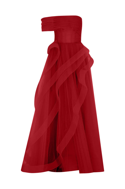 TEK OMUZ VOLAN DETAYLI TÜL UZUN ABİYE ELBİSE 2041