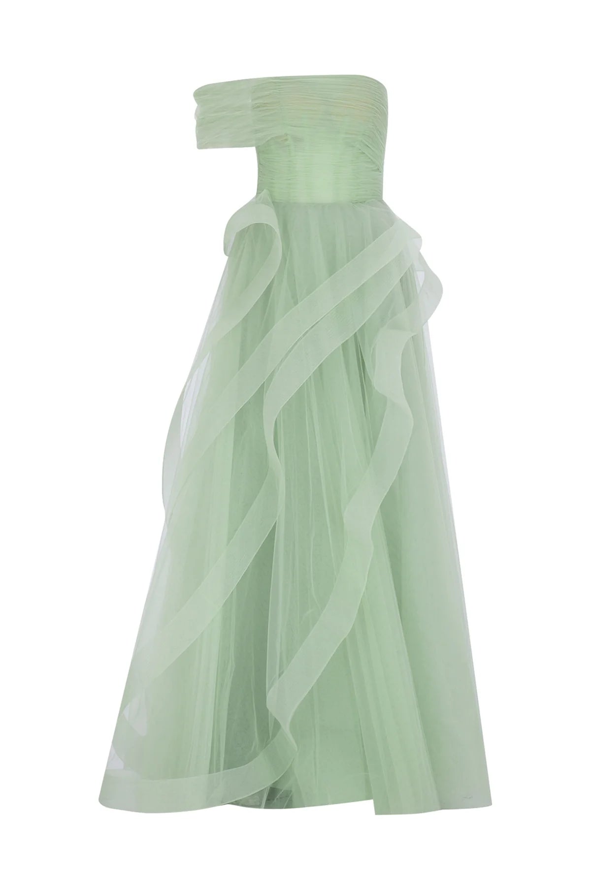 TEK OMUZ VOLAN DETAYLI TÜL UZUN ABİYE ELBİSE 2041