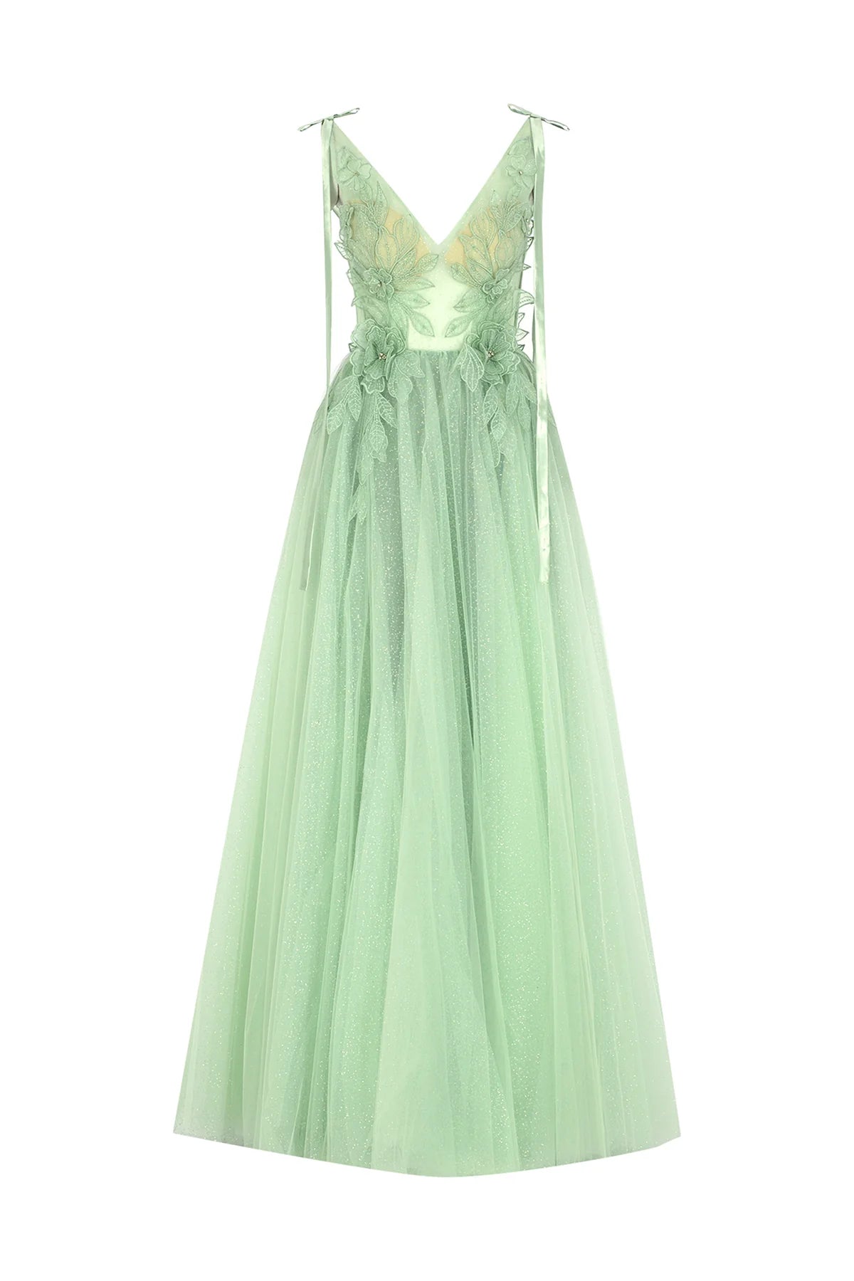 V YAKA ÇİÇEK APLİKELİ TÜL ETEKLİ UZUN ABİYE ELBİSE 2042