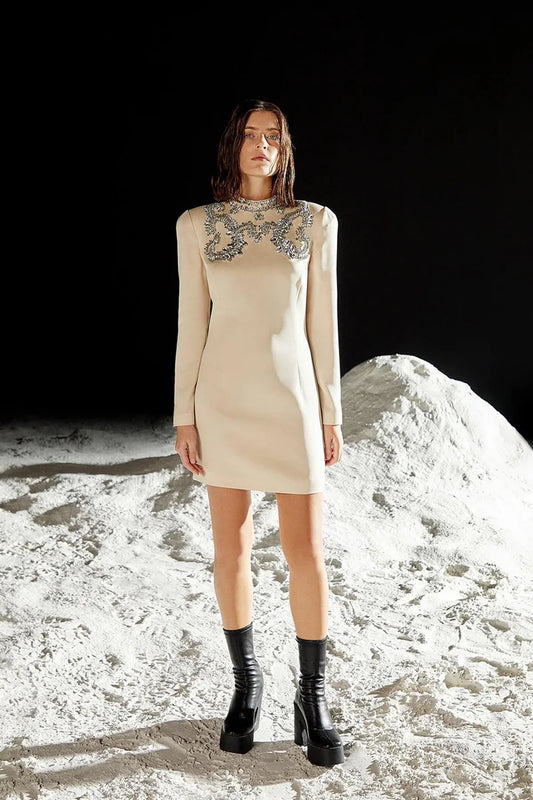 SATEN KASNAK İŞLEME UZUN KOLLU MİNİ ELBİSE