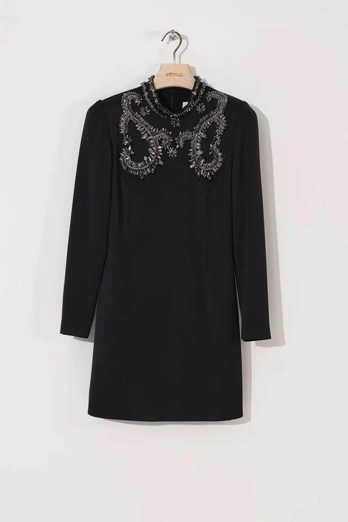 SATEN KASNAK İŞLEME UZUN KOLLU MİNİ ELBİSE