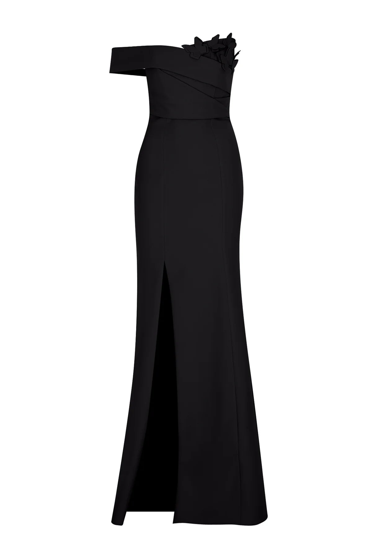 TEK OMUZ VE YIRTMAÇ DETAYLI KELEBEK APLİKELİ ABİYE ELBİSE 2032