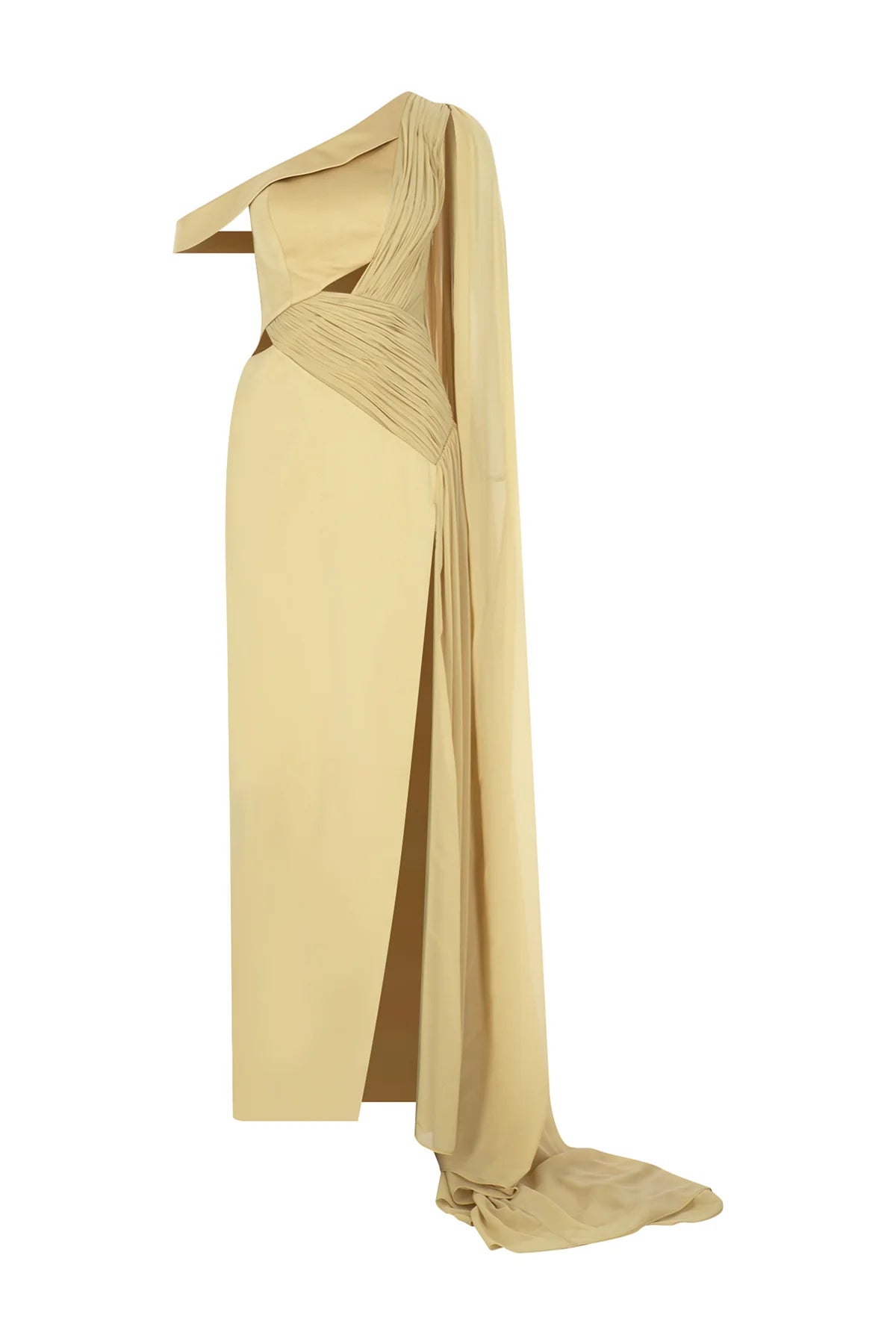 TEK OMUZ DRAPELİ PELERİNLİ UZUN ABİYE ELBİSE 2033