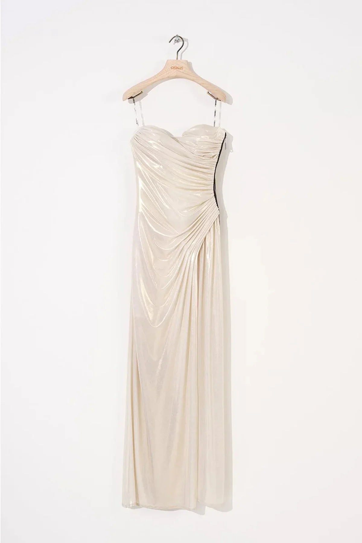 PARLAK STRAPLEZ DRAPELİ YIRTMAÇLI UZUN ELBİSE  2114