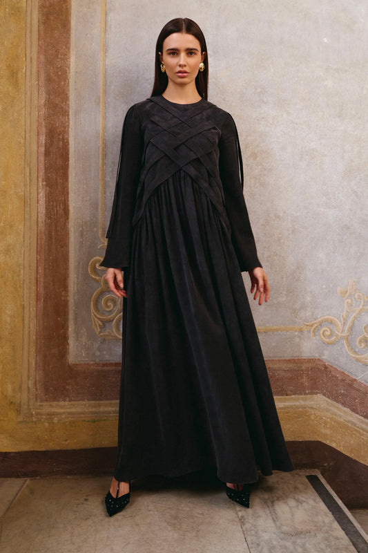 ÇAPRAZ DİKİŞ DETAYLI UZUN TENCEL ELBİSE 2272