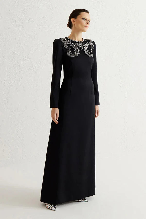 SATEN KASNAK İŞLEME UZUN ELBİSE