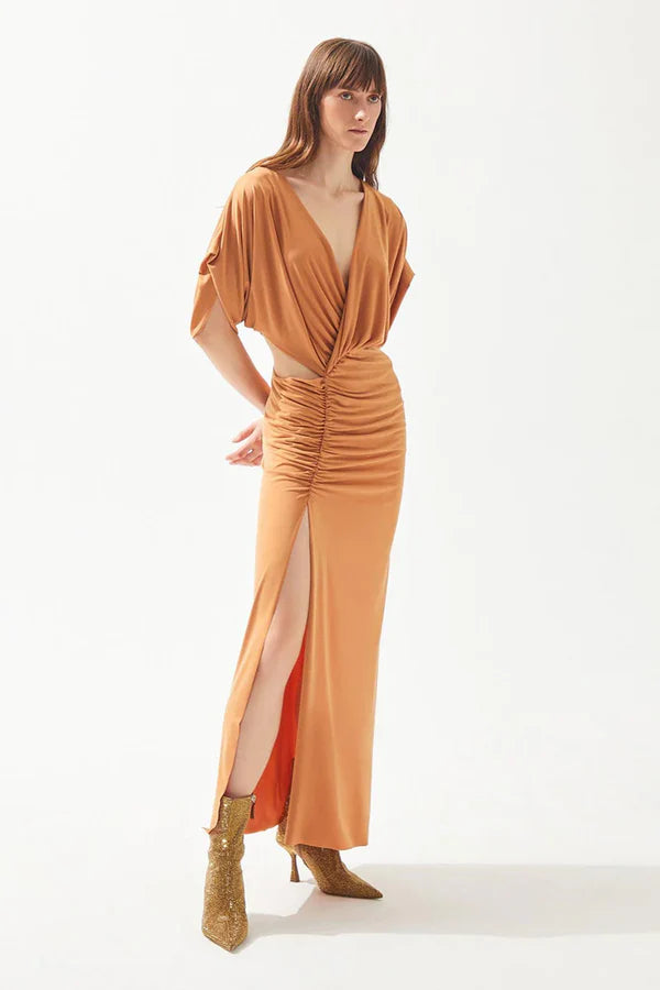 V YAKA PENCERE DETAYLI BÜZGÜLÜ ÖRME ELBİSE