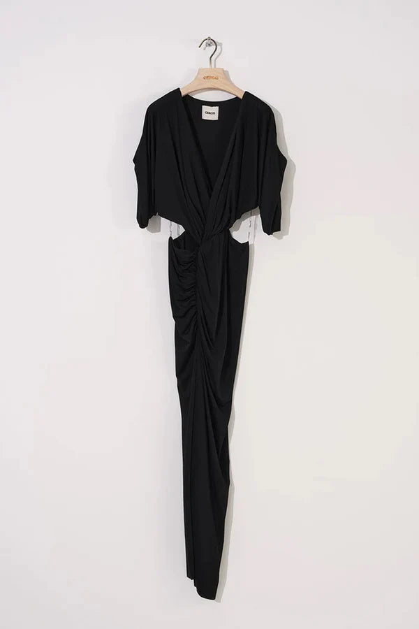 V YAKA PENCERE DETAYLI BÜZGÜLÜ ÖRME ELBİSE