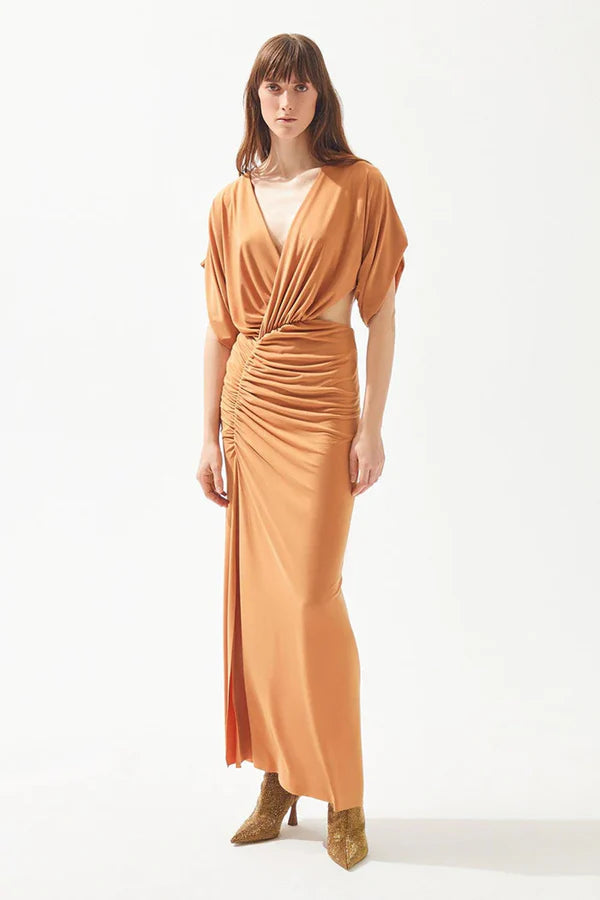 V YAKA PENCERE DETAYLI BÜZGÜLÜ ÖRME ELBİSE