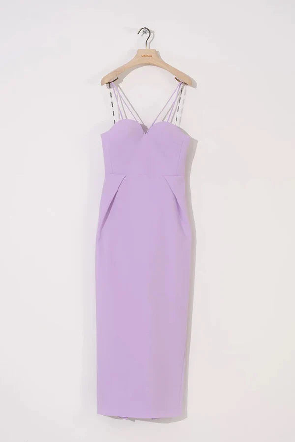 STRAPLEZ ARKASI FİYONK DETAYLI YIRTMAÇLI UZUN ELBİSE