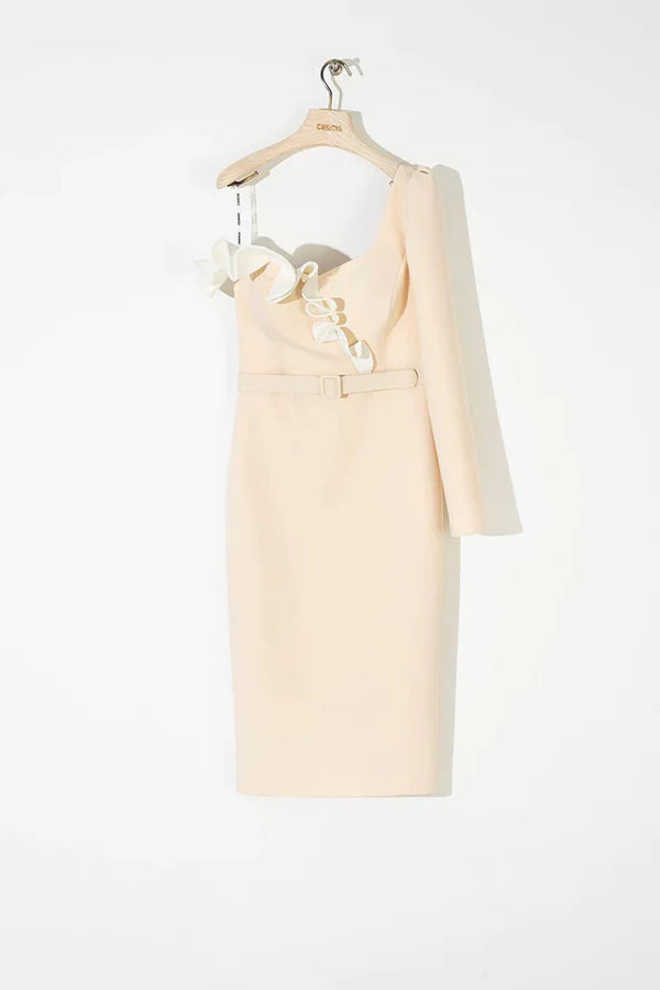 ASİMETRİK YAKA TEK KOLLU MİDİ ELBİSE