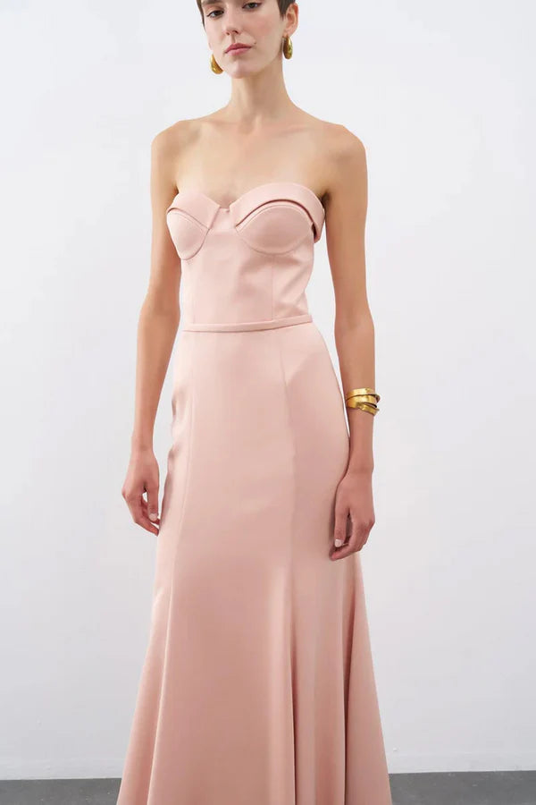 STRAPLEZ GÖĞÜS GLOPLU UZUN ABİYE ELBİSE