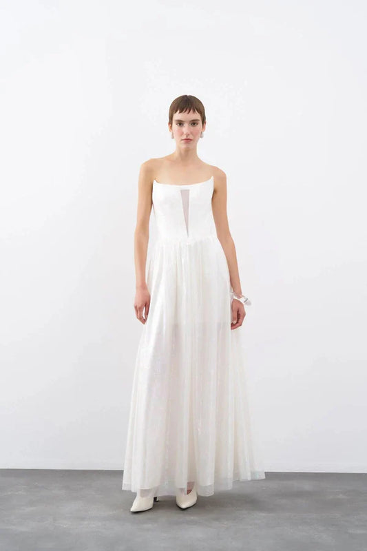 STRAPLEZ KORSAJLI ORGANZE UZUN ABİYE ELBİSE