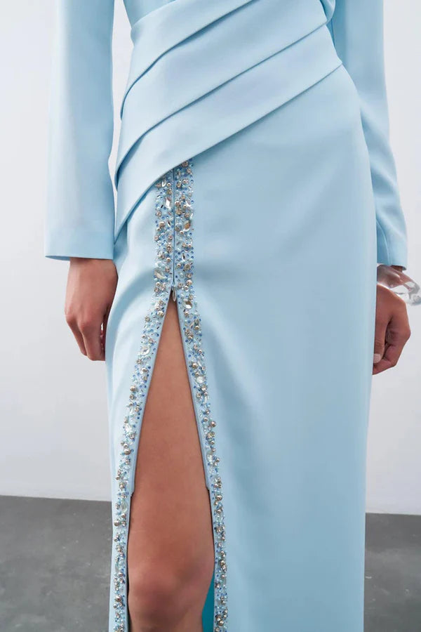 DRAPE VE İŞLEME DETAYLI YIRTMAÇLI UZUN ABİYE ELBİSE 2261