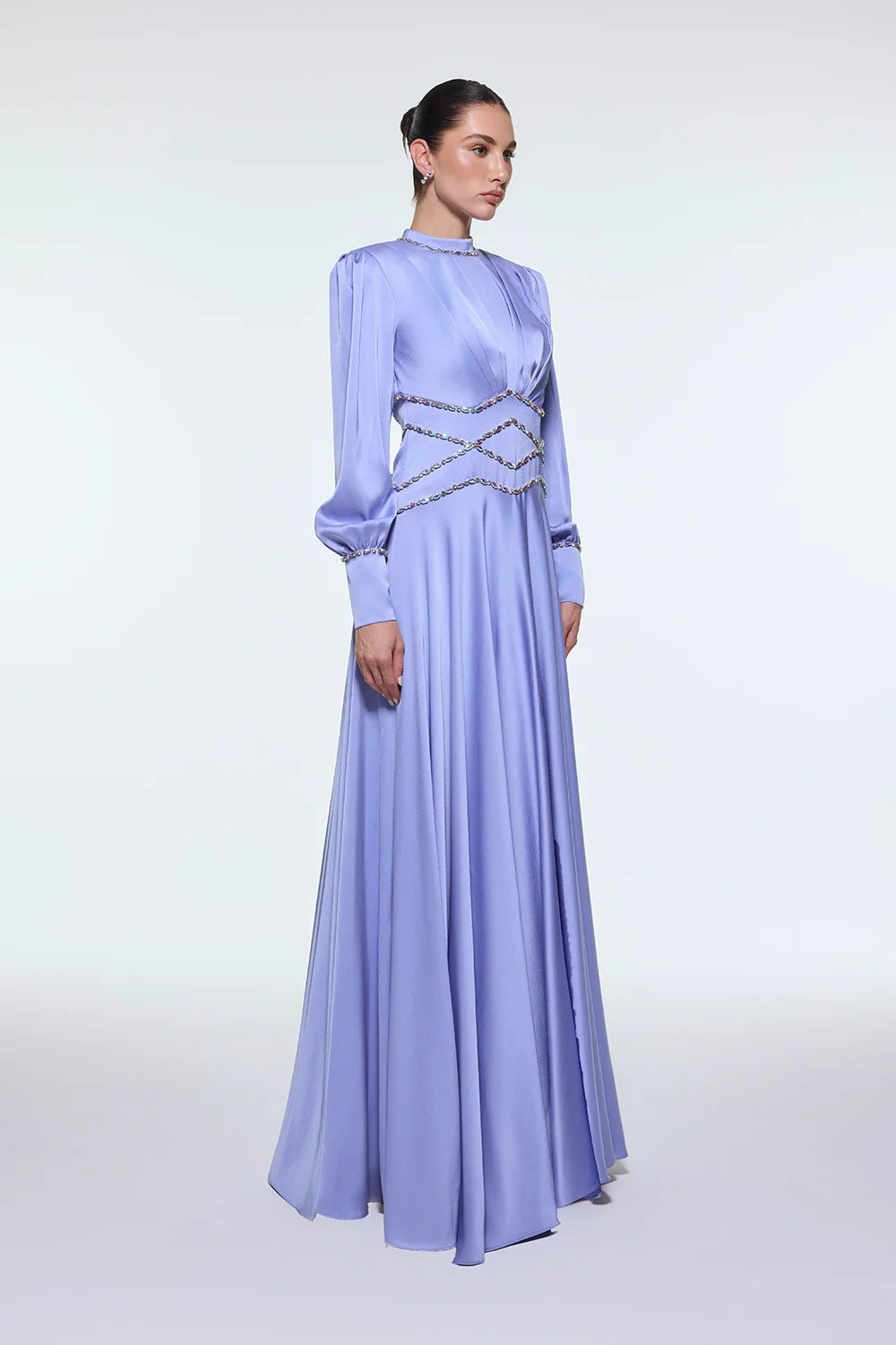 TAŞ İŞLEMELİ DİK YAKA SATEN UZUN ABİYE ELBİSE - 9219C