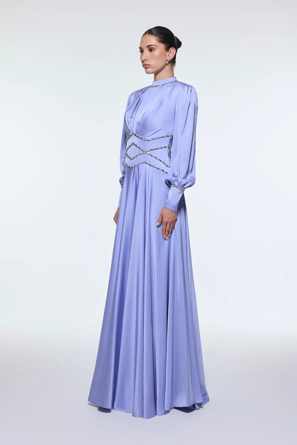 TAŞ İŞLEMELİ DİK YAKA SATEN UZUN ABİYE ELBİSE - 9219C