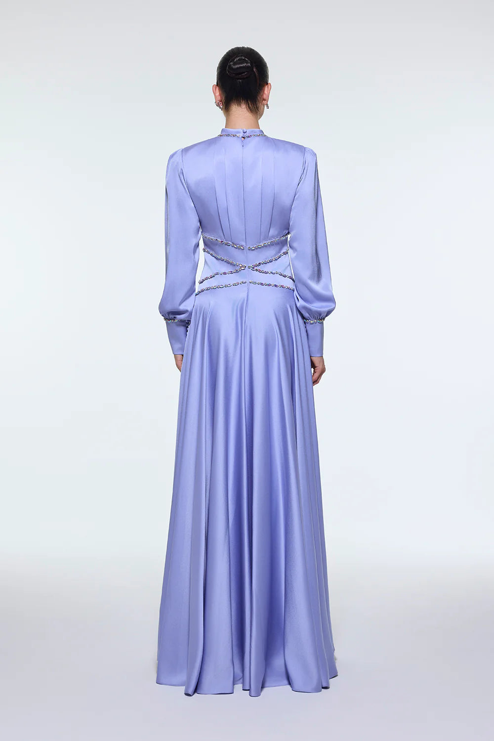 TAŞ İŞLEMELİ DİK YAKA SATEN UZUN ABİYE ELBİSE - 9219C