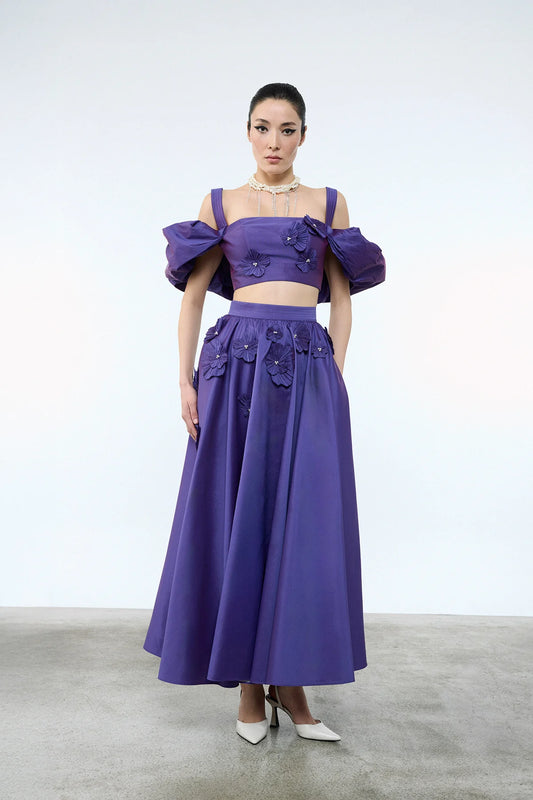 ÇİÇEK APLİKELİ CROP VE KABARIK ETEKLİ ABİYE TAKIM