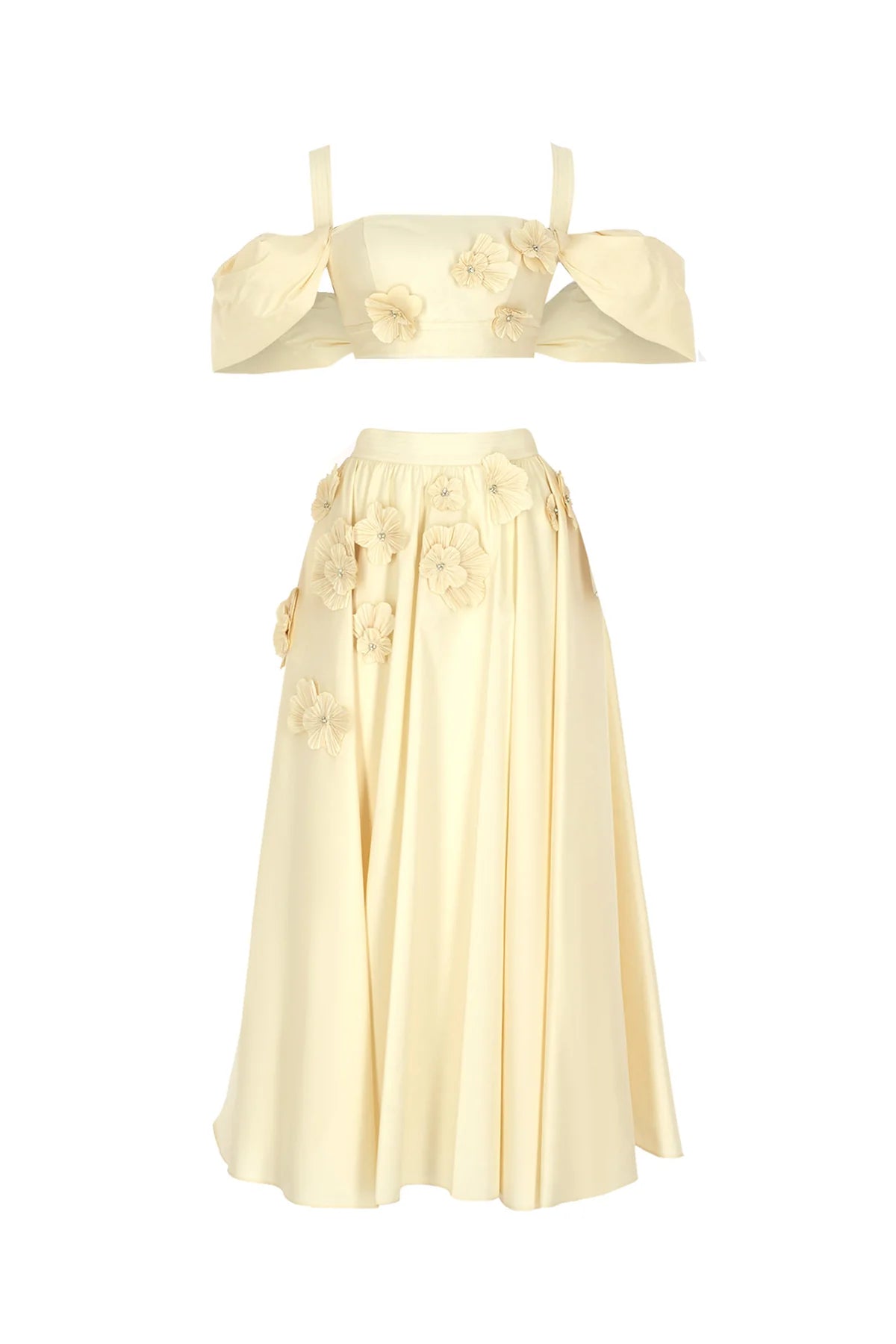 ÇİÇEK APLİKELİ CROP VE KABARIK ETEKLİ ABİYE TAKIM