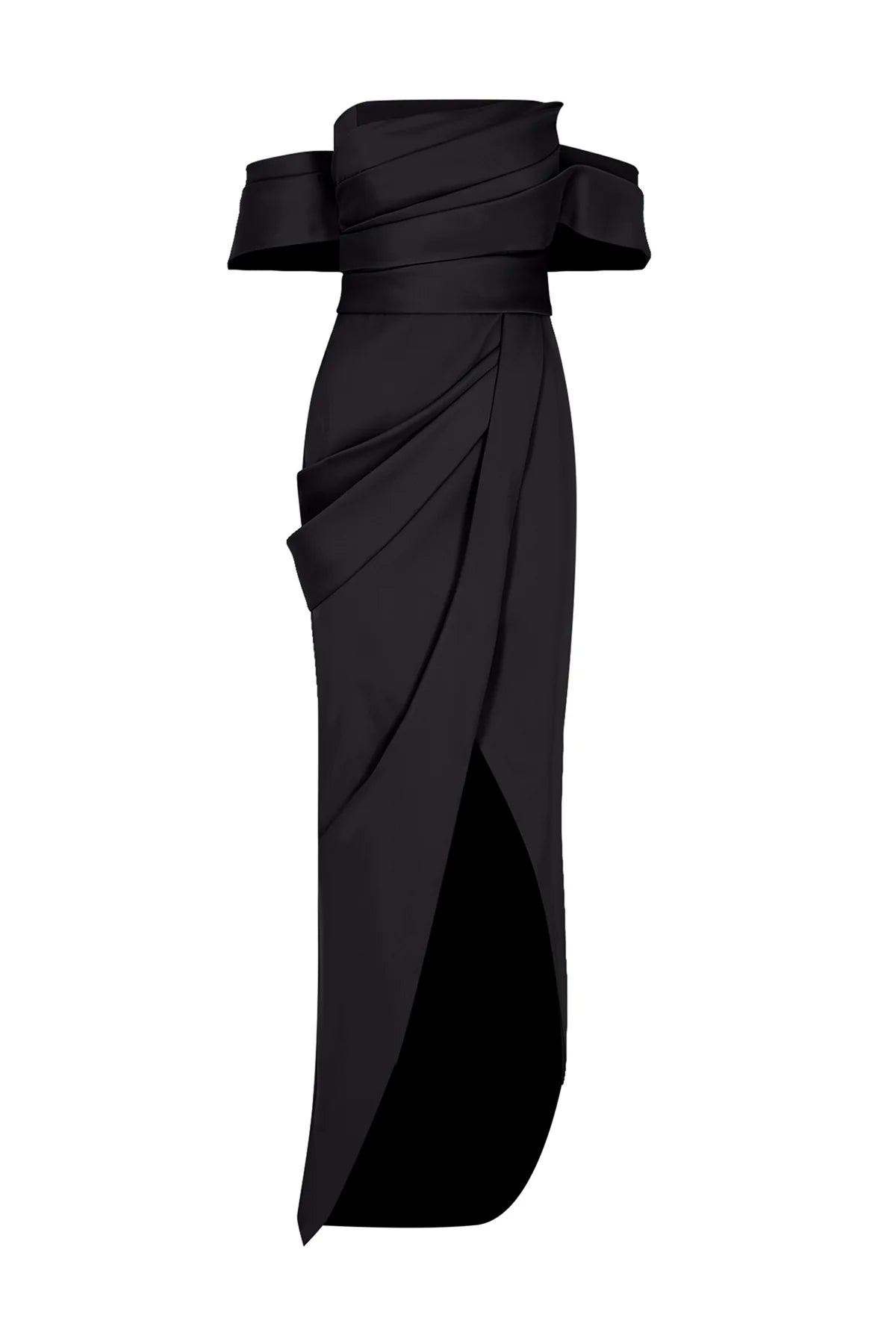 OMUZ AÇIK DRAPELİ YIRTMAÇ DETAYLI UZUN ABİYE ELBİSE